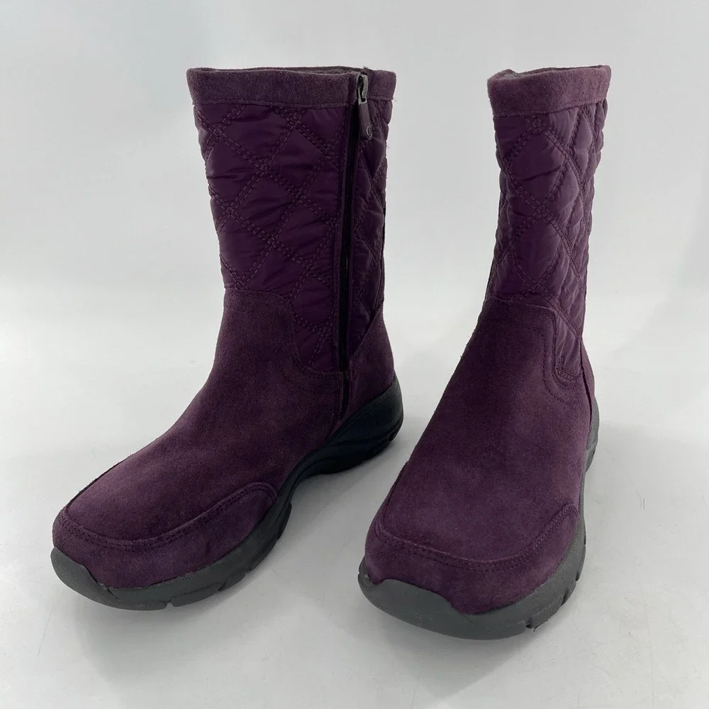 Lands End Snow Boots Suede Leather‎ Calf Womens 7 B Purple Quilted Fleece Lined